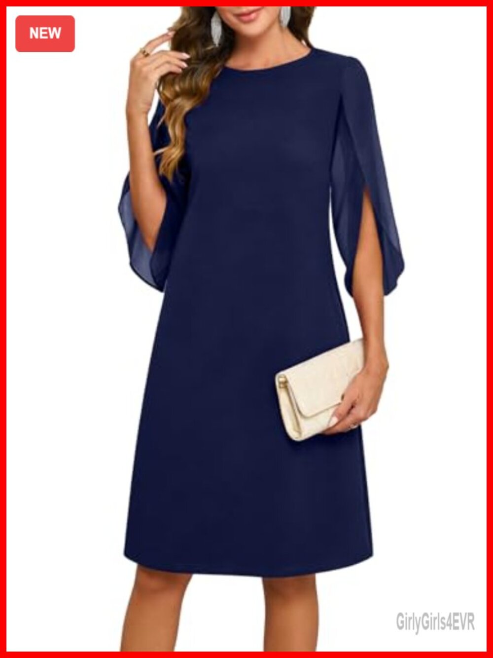 Elegant Flutter Chiffon Sleeve Midi Cocktail Dress A-Line Formal
